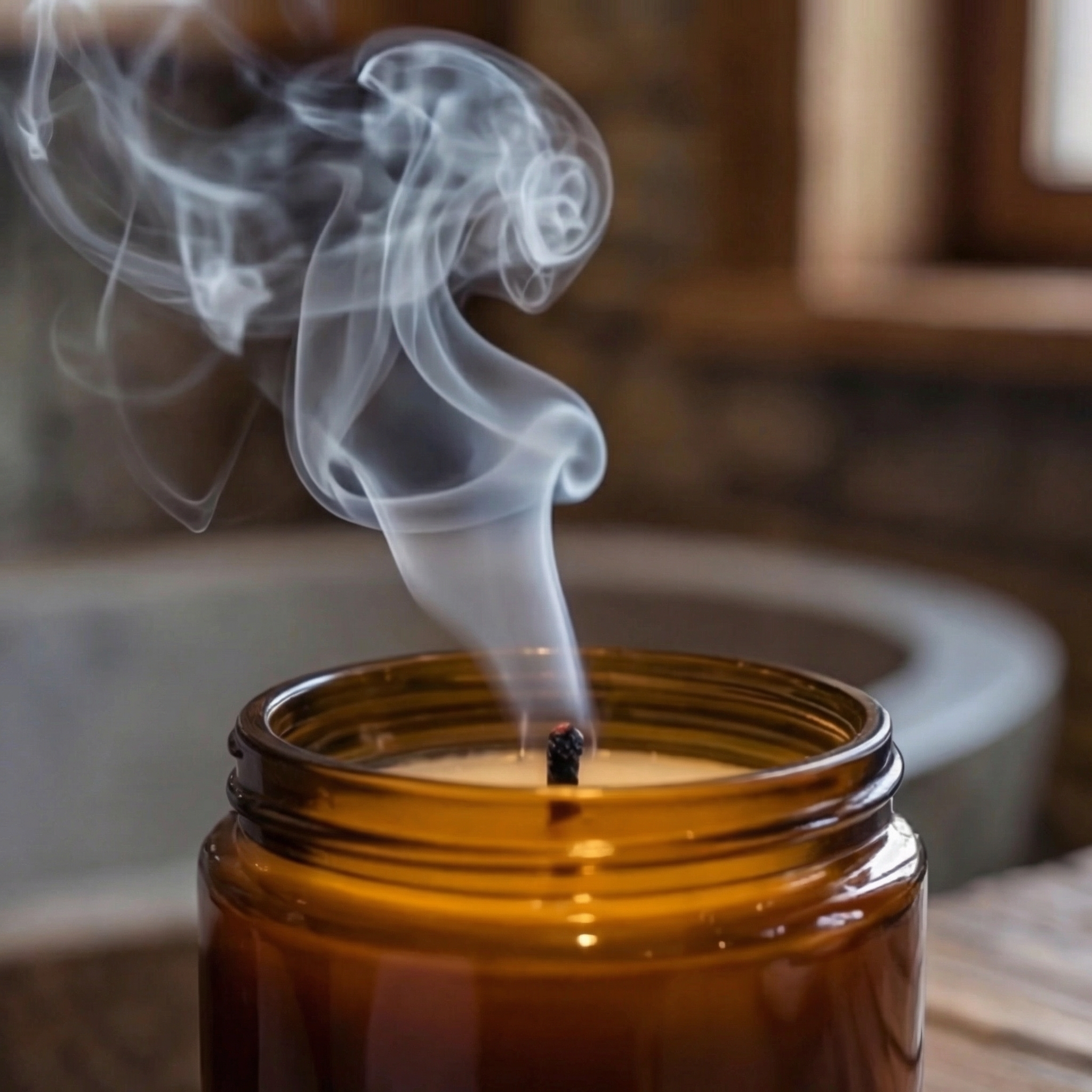 Candela al pino cirmolo con il filo di fumo dopo lo spegnimento