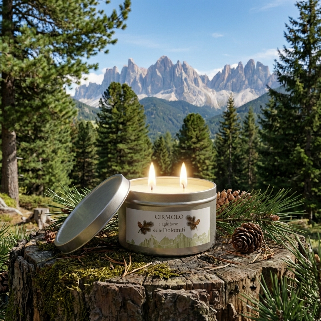 Candela al pino cirmolo accesa su un ceppo con le guglie delle Dolomiti sullo sfondo