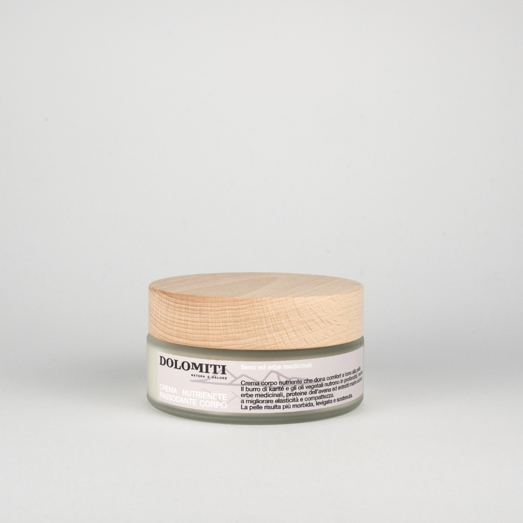 Crema rassodante corpo al fieno Dolomiti, vasetto da 200 ml con coperchio in legno
