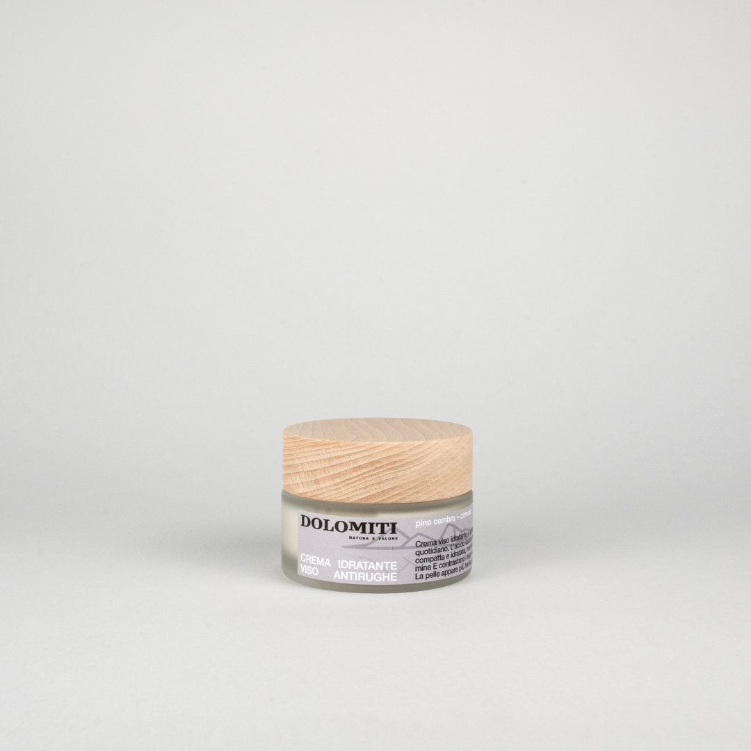 Crema viso antiage al pino cirmolo Dolomiti, vasetto da 50 ml con coperchio in legno
