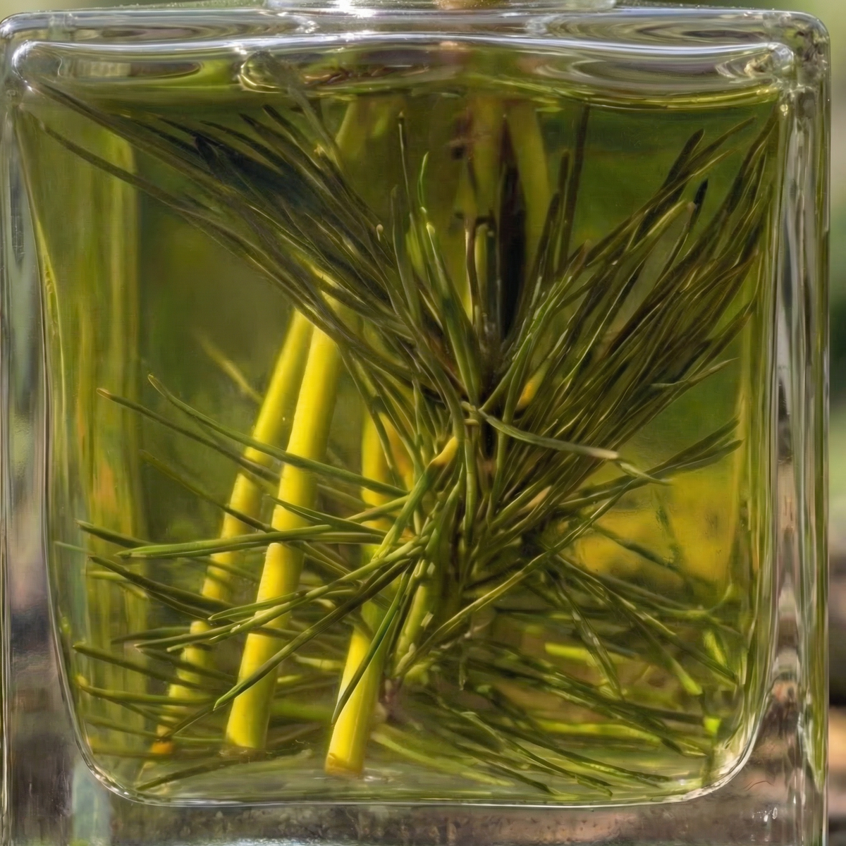 Dettaglio del vetro del diffusore con la fragranza verde e il rametto di pino cirmolo