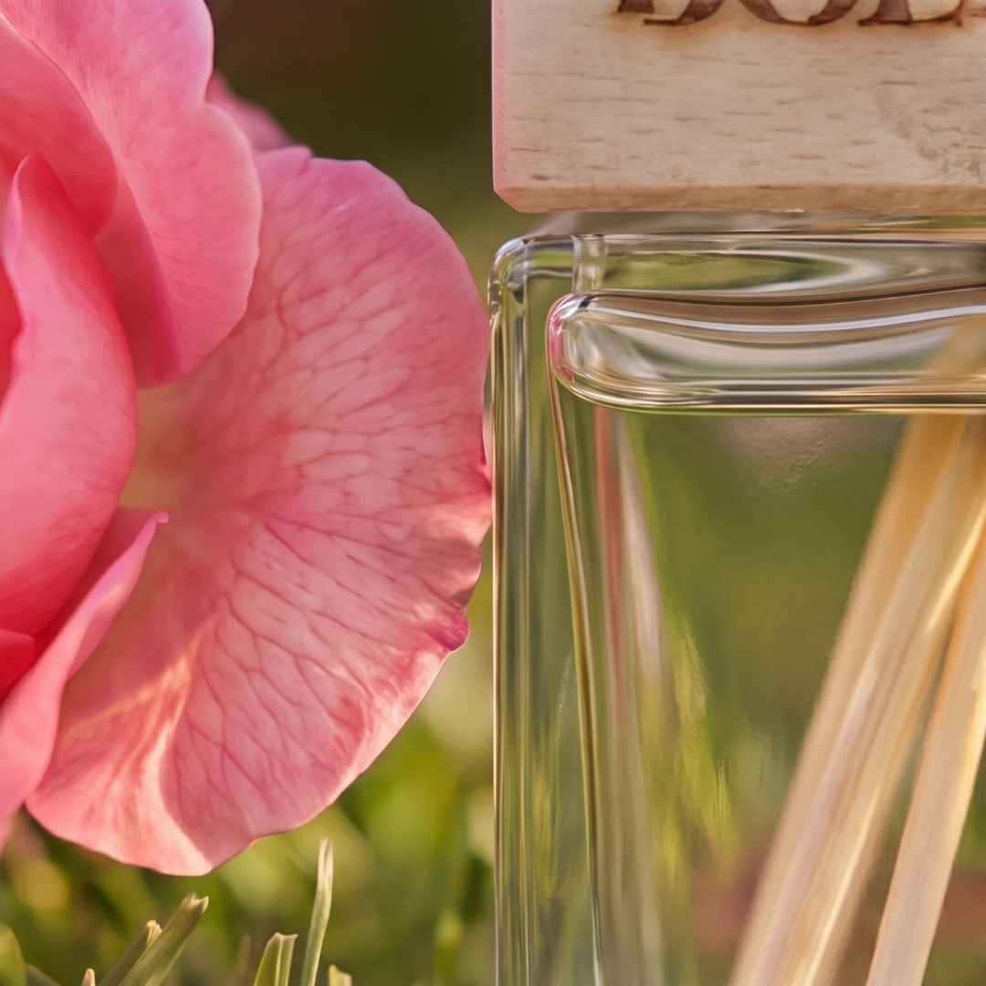 Dettaglio del flacone del diffusore alla rosa con petali in primo piano
