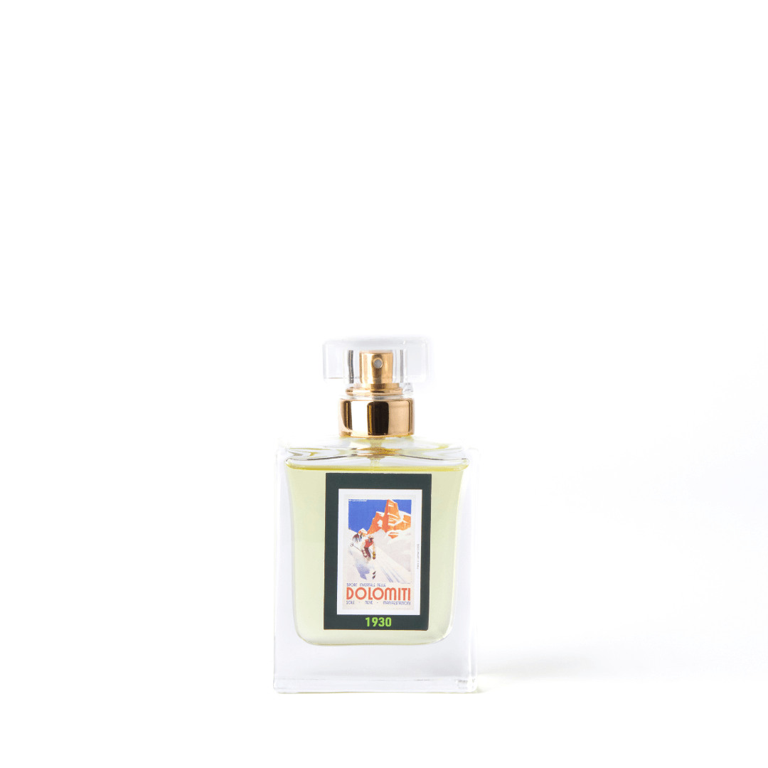 Flacone dell'eau de parfum 1930 Dolomiti su sfondo bianco
