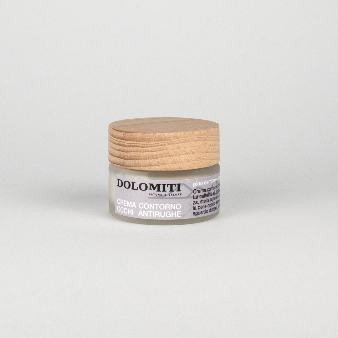 Crema contorno occhi al pino cirmolo Dolomiti, vasetto da 30 ml con coperchio in legno