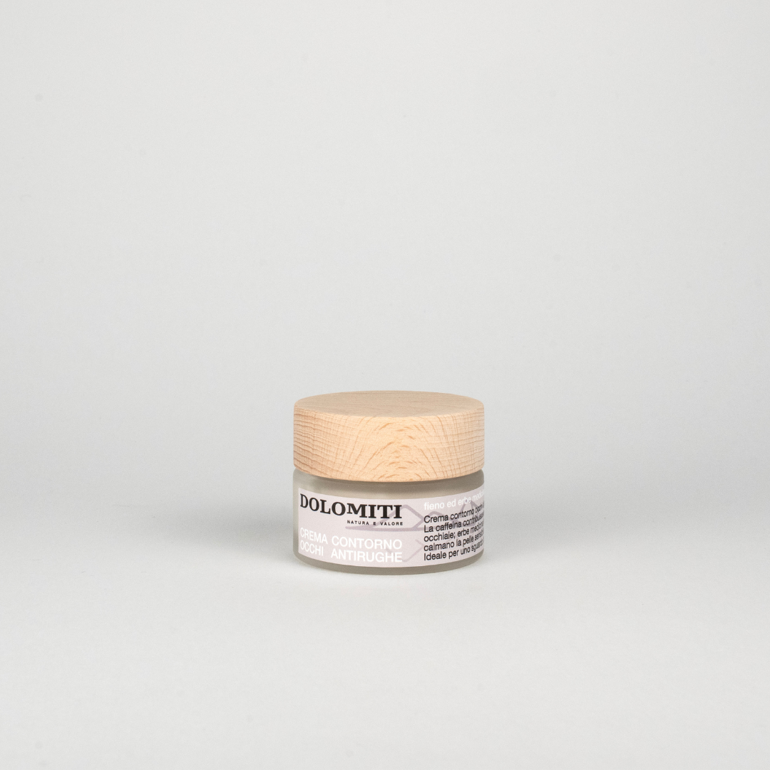 Crema contorno occhi al fieno Dolomiti, vasetto da 30 ml con coperchio in legno