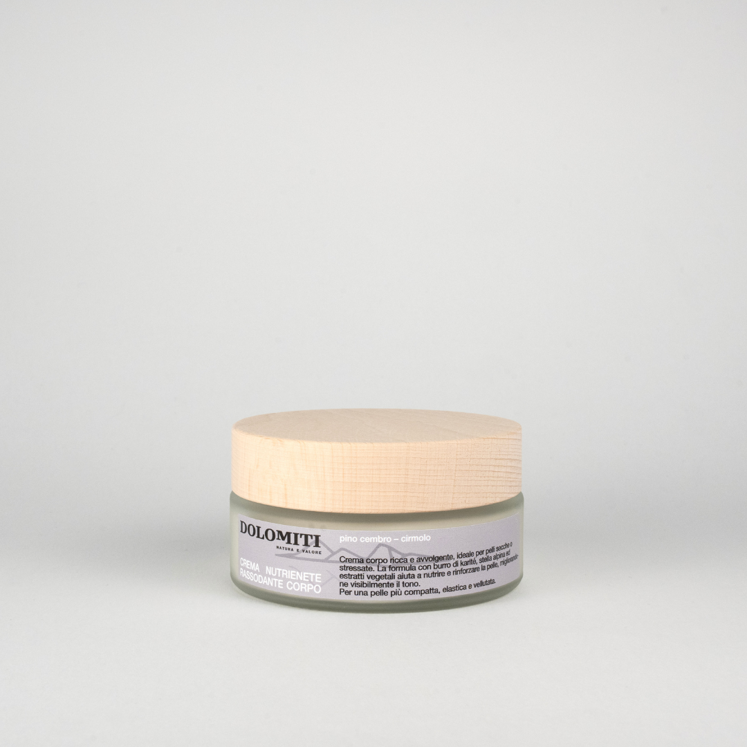 Crema rassodante corpo al pino cirmolo Dolomiti, vasetto da 200 ml con coperchio in legno