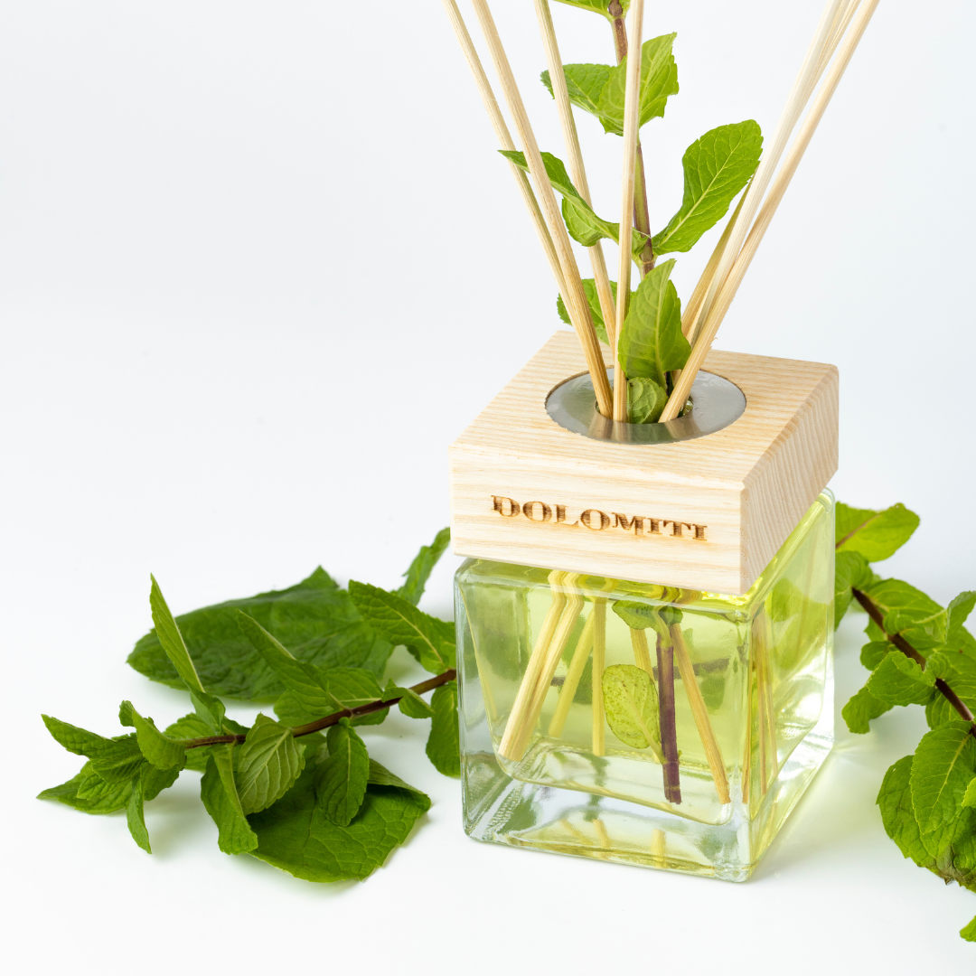 Flacone del diffusore alla menta dolomitica con foglie di menta e tappo in legno
