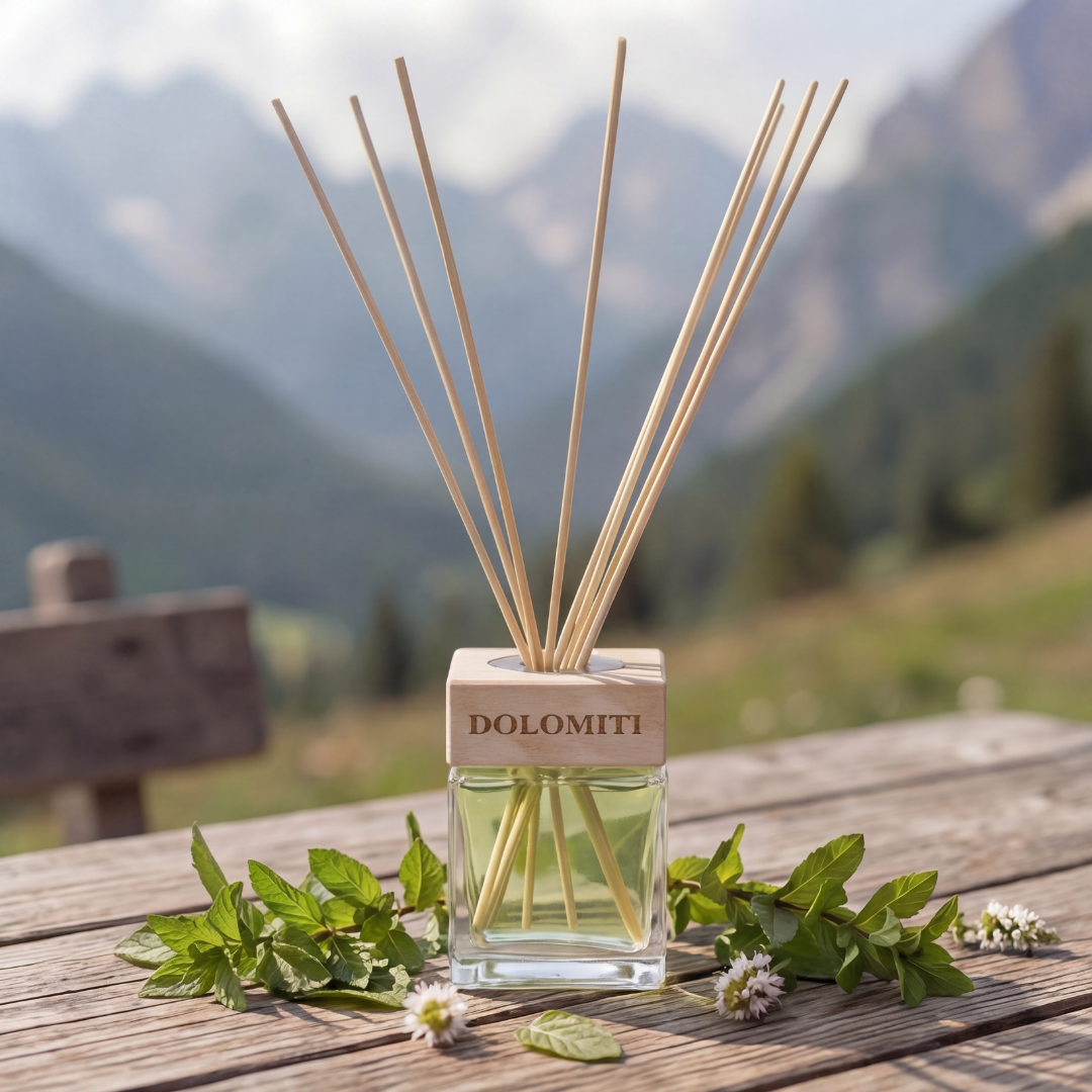 Diffusore alla menta dolomitica su tavolo in legno con le Dolomiti sullo sfondo