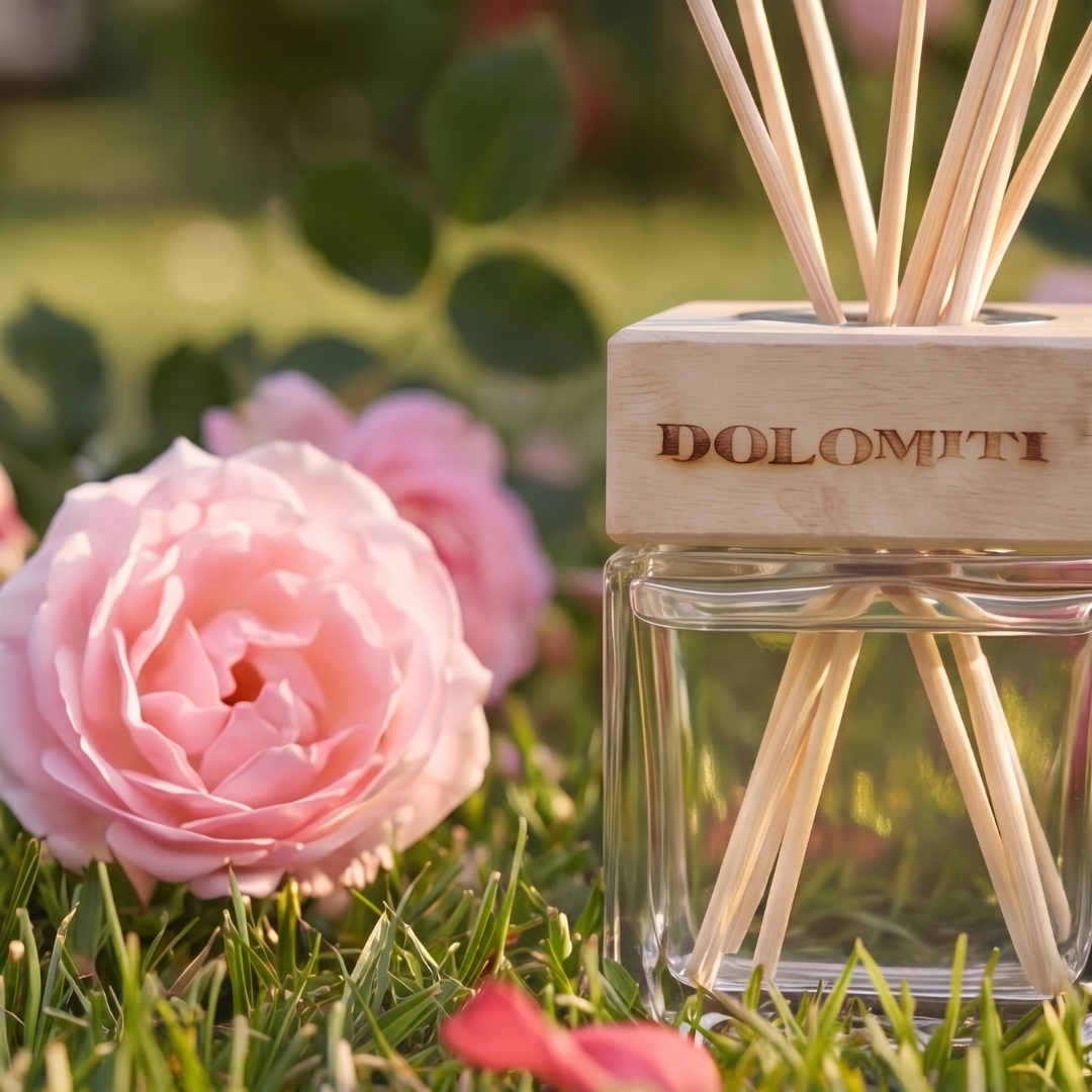 Diffusore alla rosa di altura accanto a una rosa in fiore