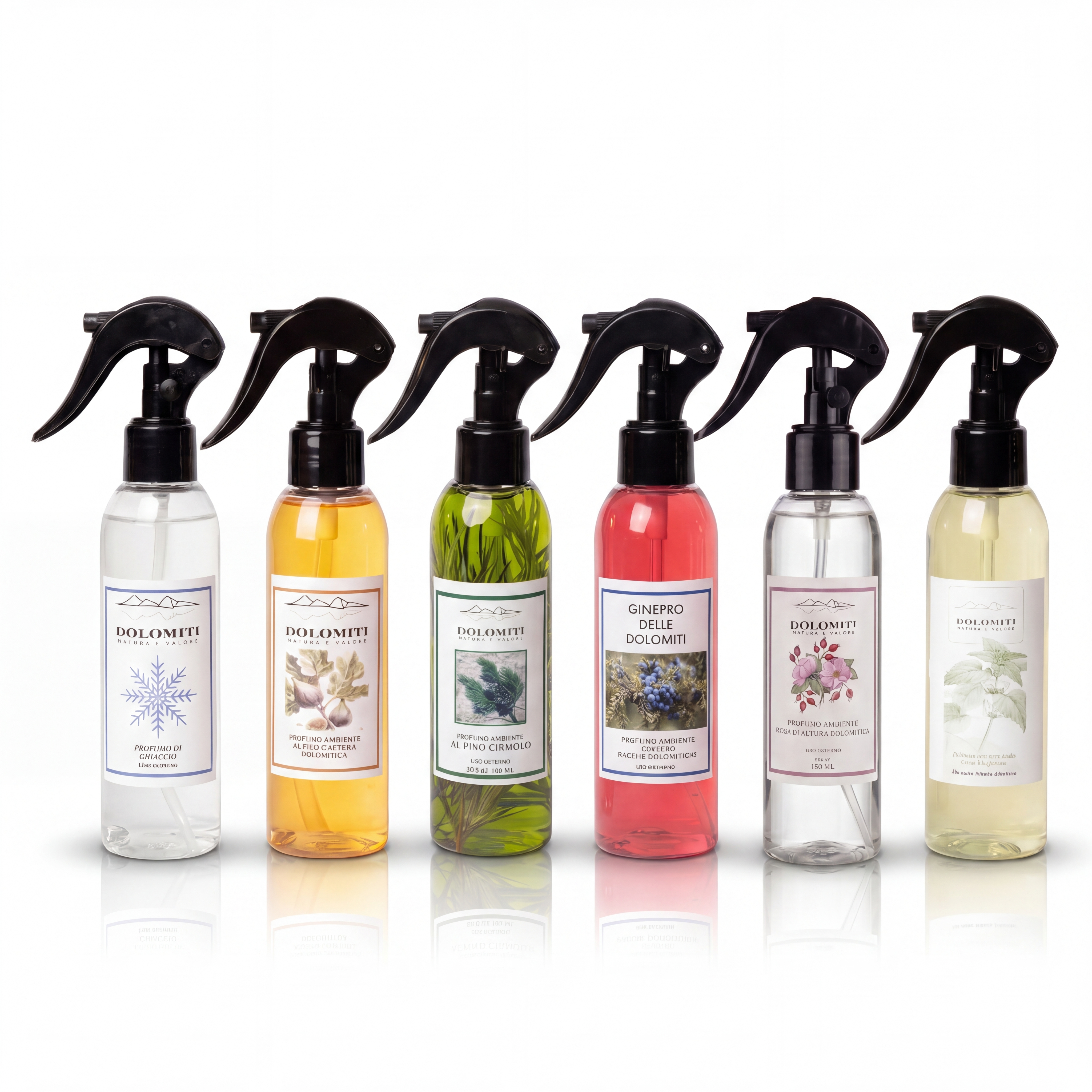 Kit con i sei spray per ambienti delle fragranze Dolomiti da 150 ml allineati