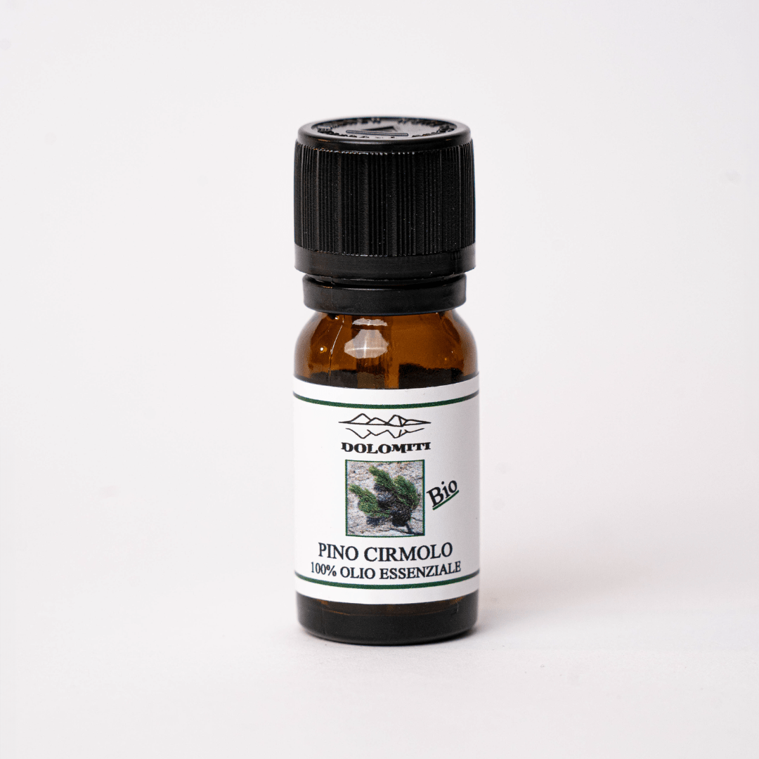 Olio essenziale di pino cirmolo Dolomiti, boccetta ambrata da 10 ml con tappo nero