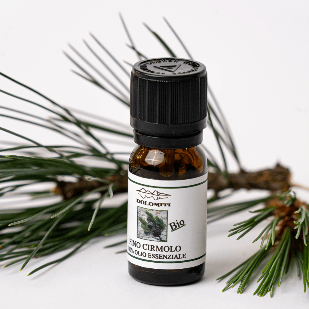Boccetta di olio essenziale di pino cirmolo tra rametti di pino