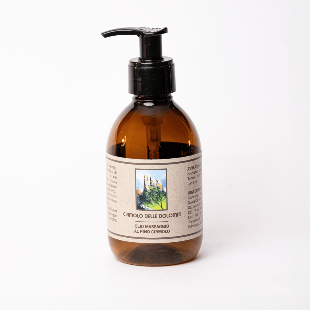 Olio da massaggio al pino cirmolo Dolomiti, flacone ambrato con dosatore da 250 ml
