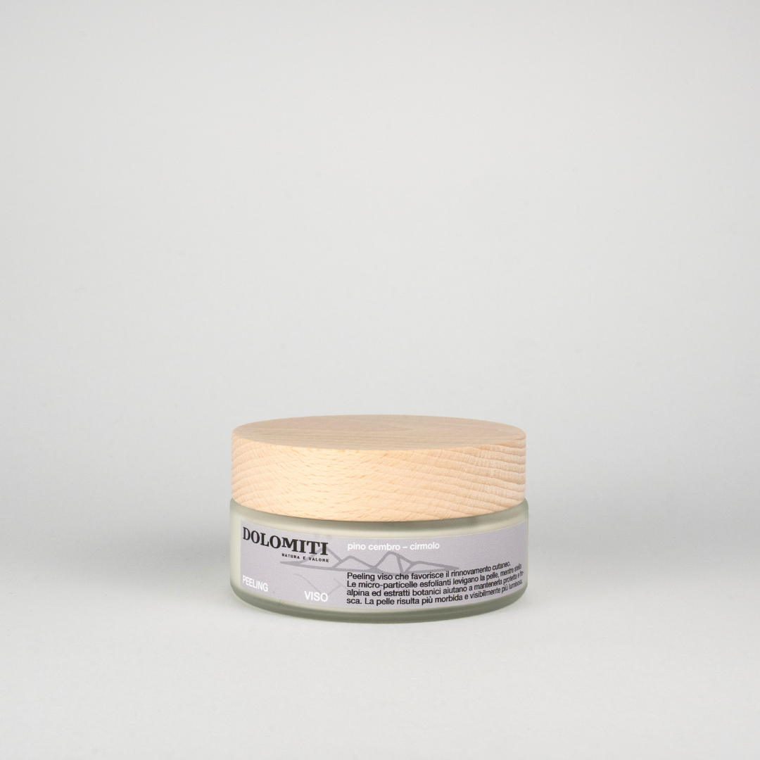 Peeling viso al pino cirmolo Dolomiti, vasetto da 200 ml con coperchio in legno