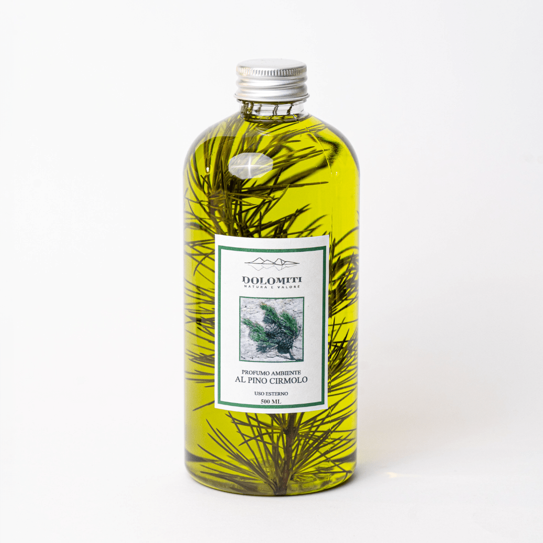 Ricarica per diffusore al pino cirmolo Dolomiti, flacone da 500 ml con tappo in alluminio