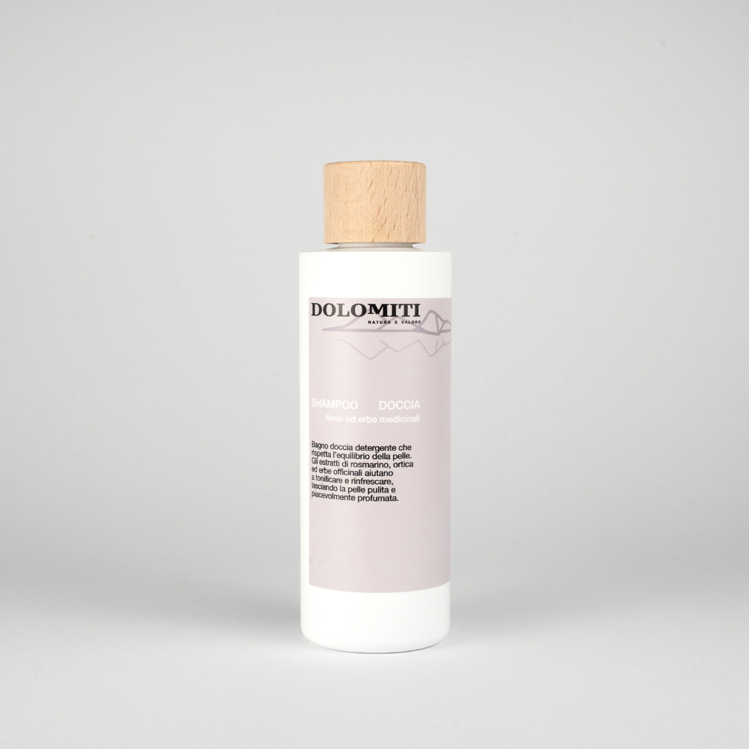 Shampoo doccia al fieno e erbe medicinali Dolomiti, flacone da 200 ml con tappo in legno