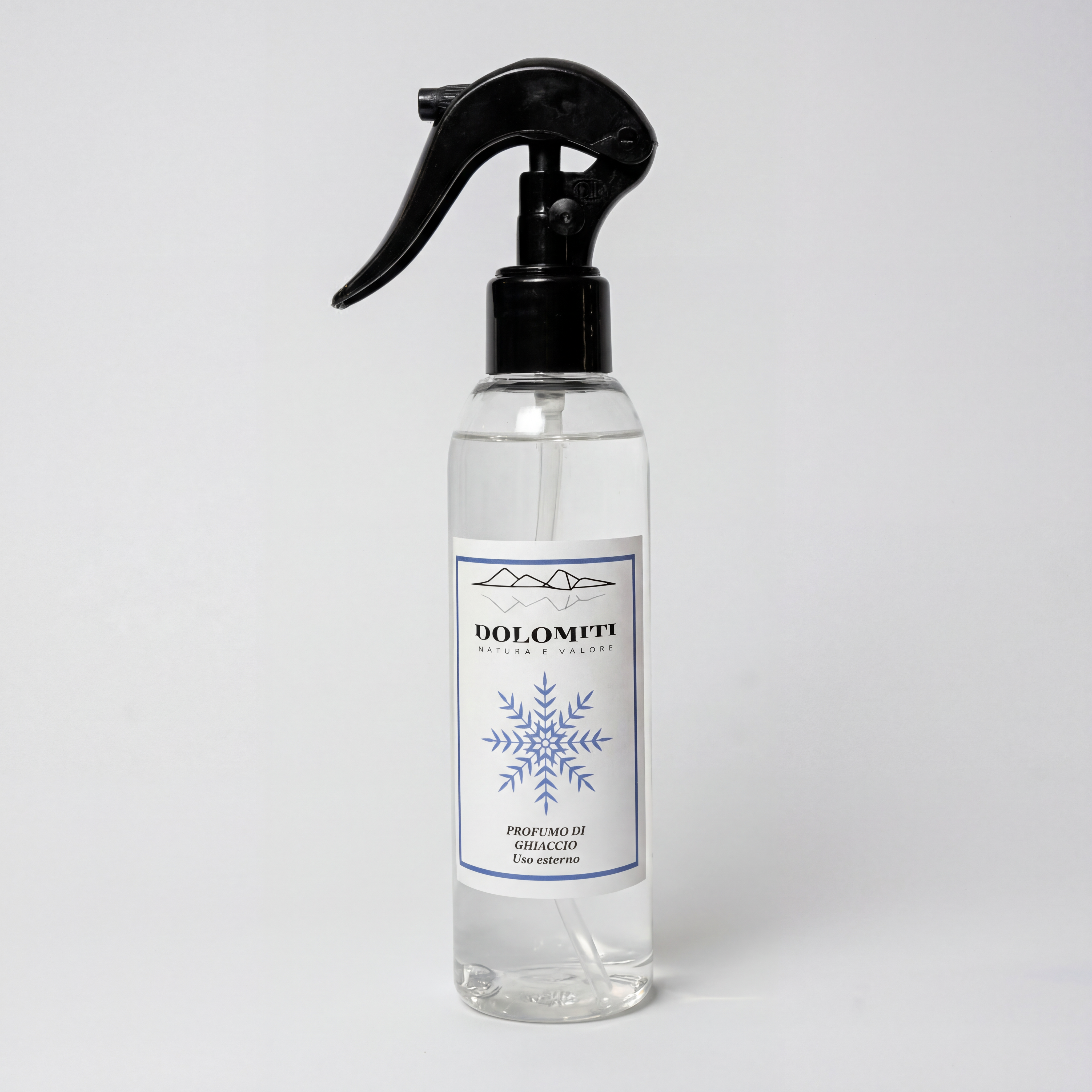 Spray per ambienti Ghiaccio Dolomiti, flacone trasparente da 150 ml con nebulizzatore
