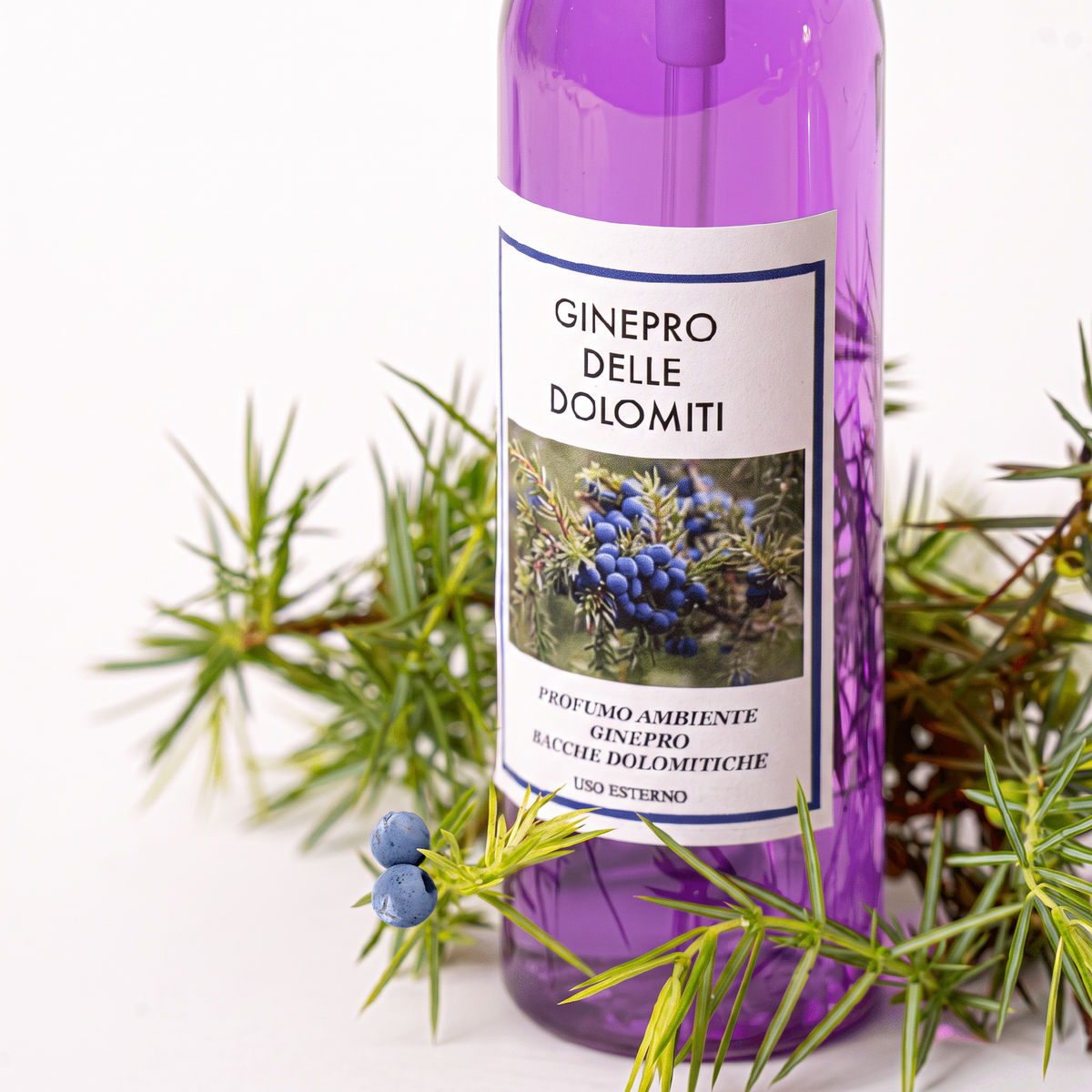 Etichetta dello spray per ambienti al ginepro e bacche dolomitiche
