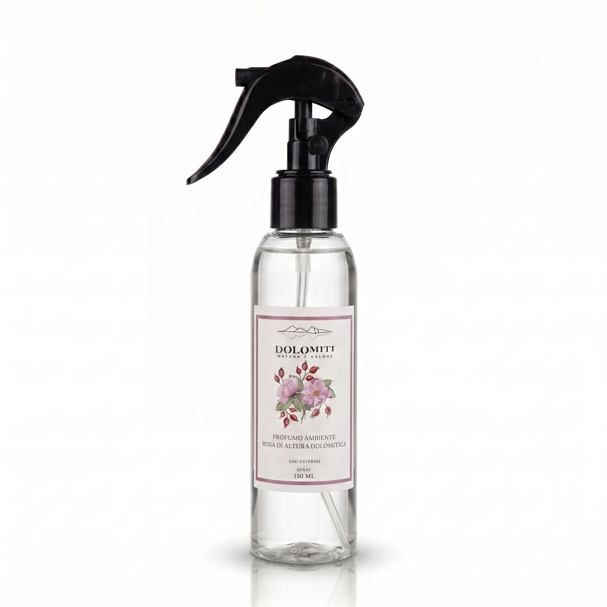 Spray per ambienti alla rosa di altura Dolomiti, flacone da 150 ml con nebulizzatore